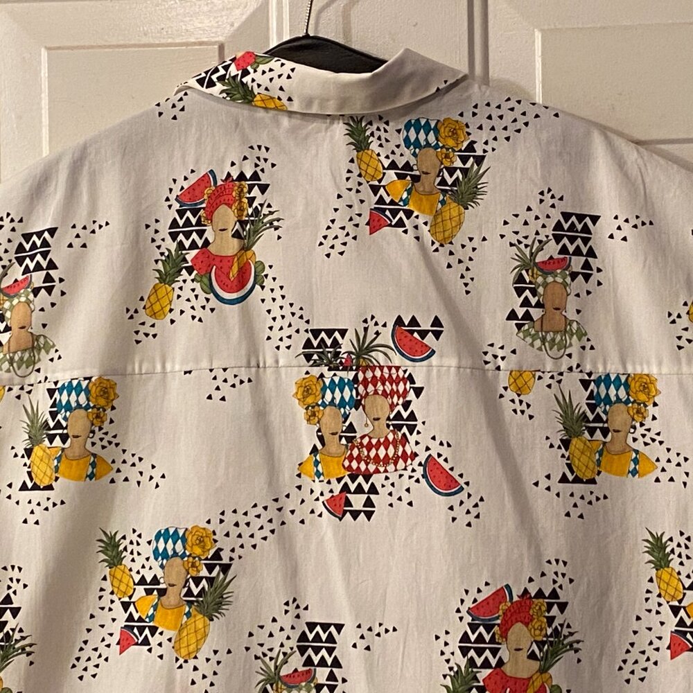NWT ZARA Trafaluc Collection Sz L Blouse Button Up Cap Sleeve White/Multi Fruits - Picture 4 of 11